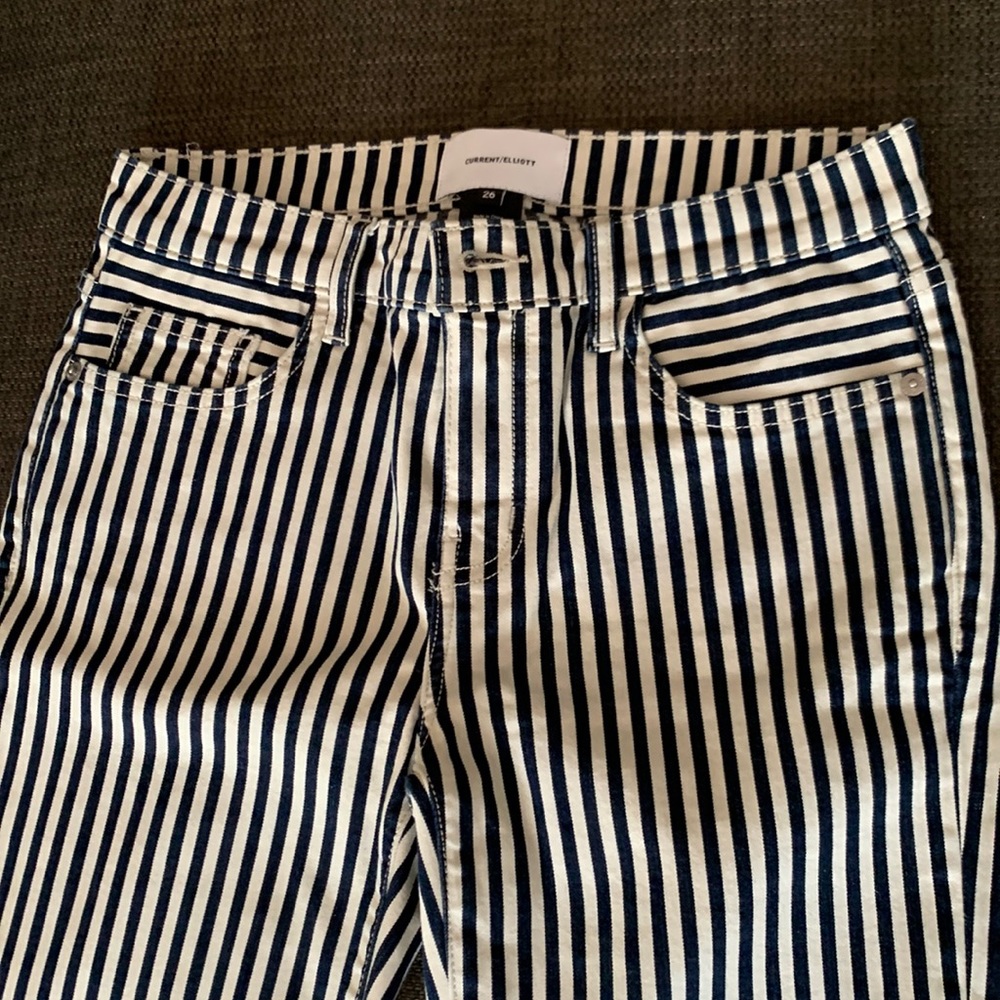 Current/Elliot Cropped Lexton Blue and Off White Striped Ankle Zip Jeans